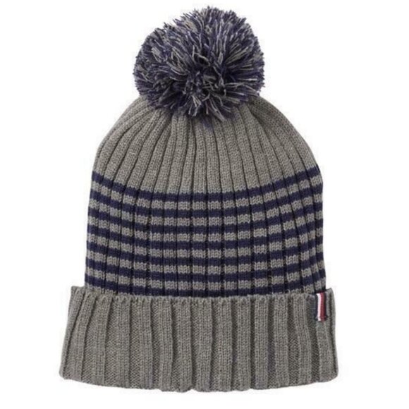 NWT Tommy Hilfiger Blue Grey Striped‎ Ribbed Knit Pom Pom Hat Toque Beanie NEW - Picture 1 of 7